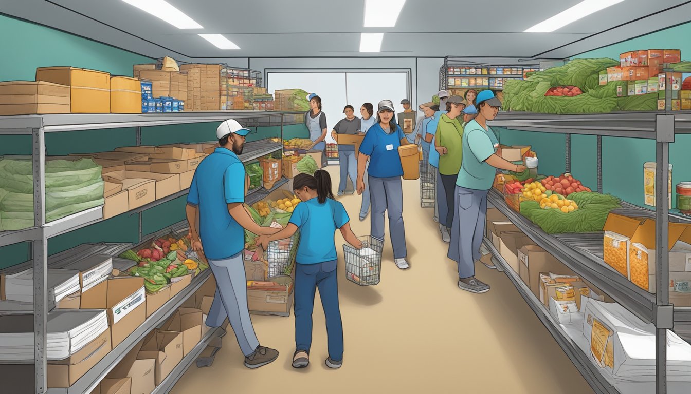 A bustling food pantry in Dimmit County, Texas, with volunteers distributing groceries to those in need