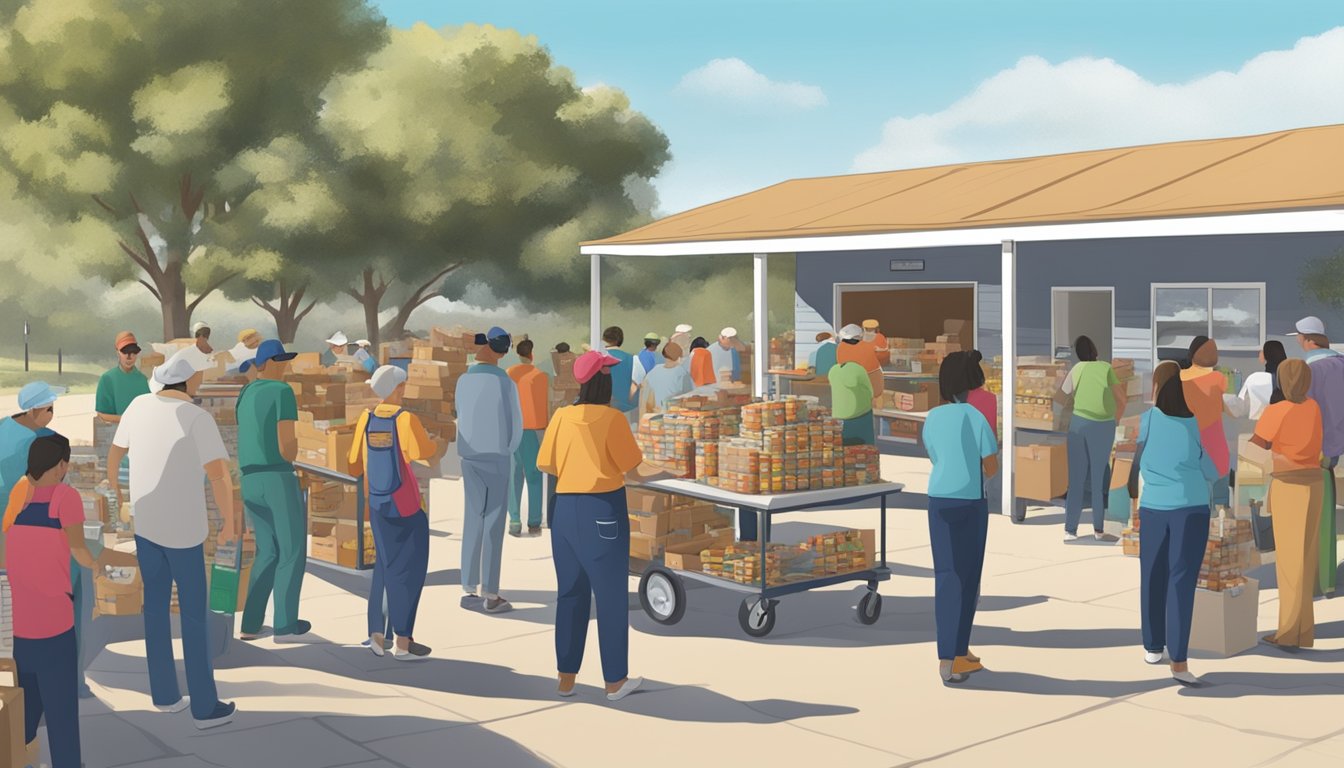 A bustling food pantry in Collingsworth County, Texas, with volunteers distributing free groceries to those in need