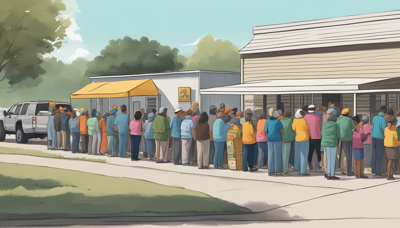 A line of people waits outside a food pantry in Duval County, Texas, as volunteers hand out free groceries to those in need