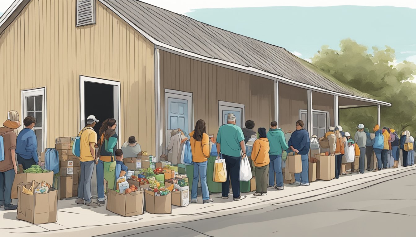 A line of people waits outside a small food pantry in Eastland County, Texas. Volunteers hand out bags of groceries to those in need