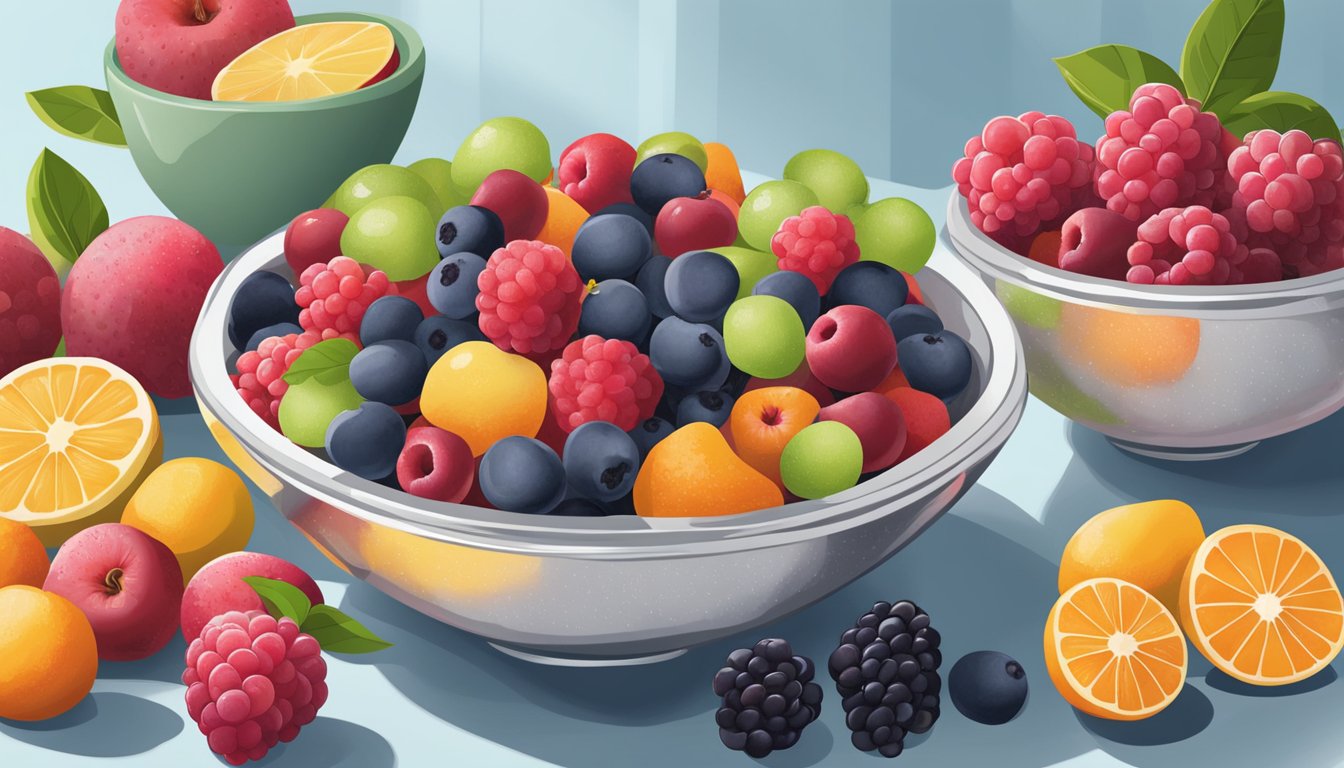 A pile of frozen fruit sits next to a bowl of fresh fruit, both ready to be blended into a smoothie. The contrast in texture and consistency is evident, highlighting the choice between the two options