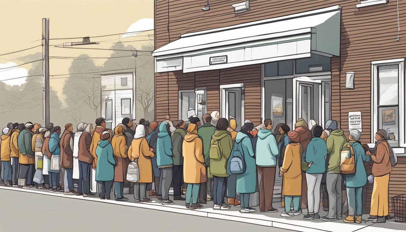 A line of people waiting outside a food pantry, with volunteers handing out groceries and supplies