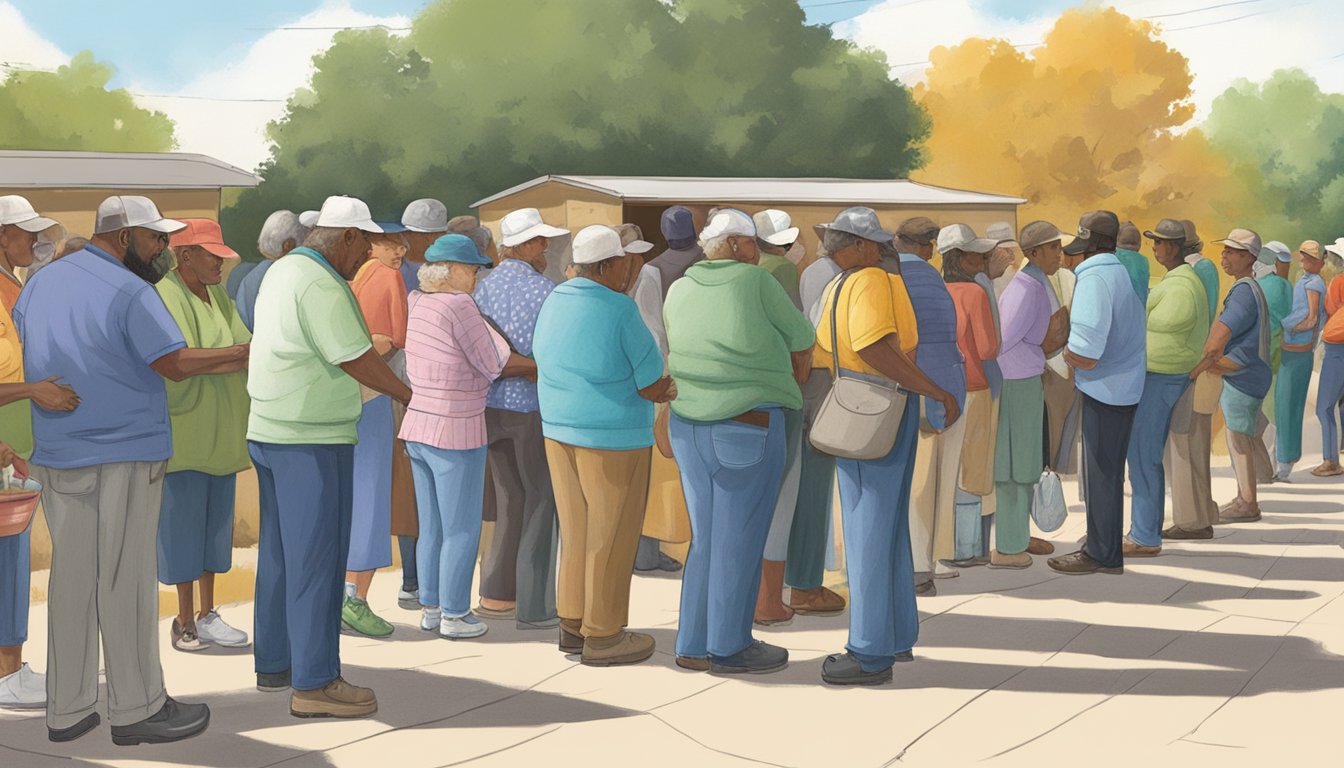 People lining up at a food pantry in Collingsworth County, Texas, receiving free groceries and supplies to strengthen food security