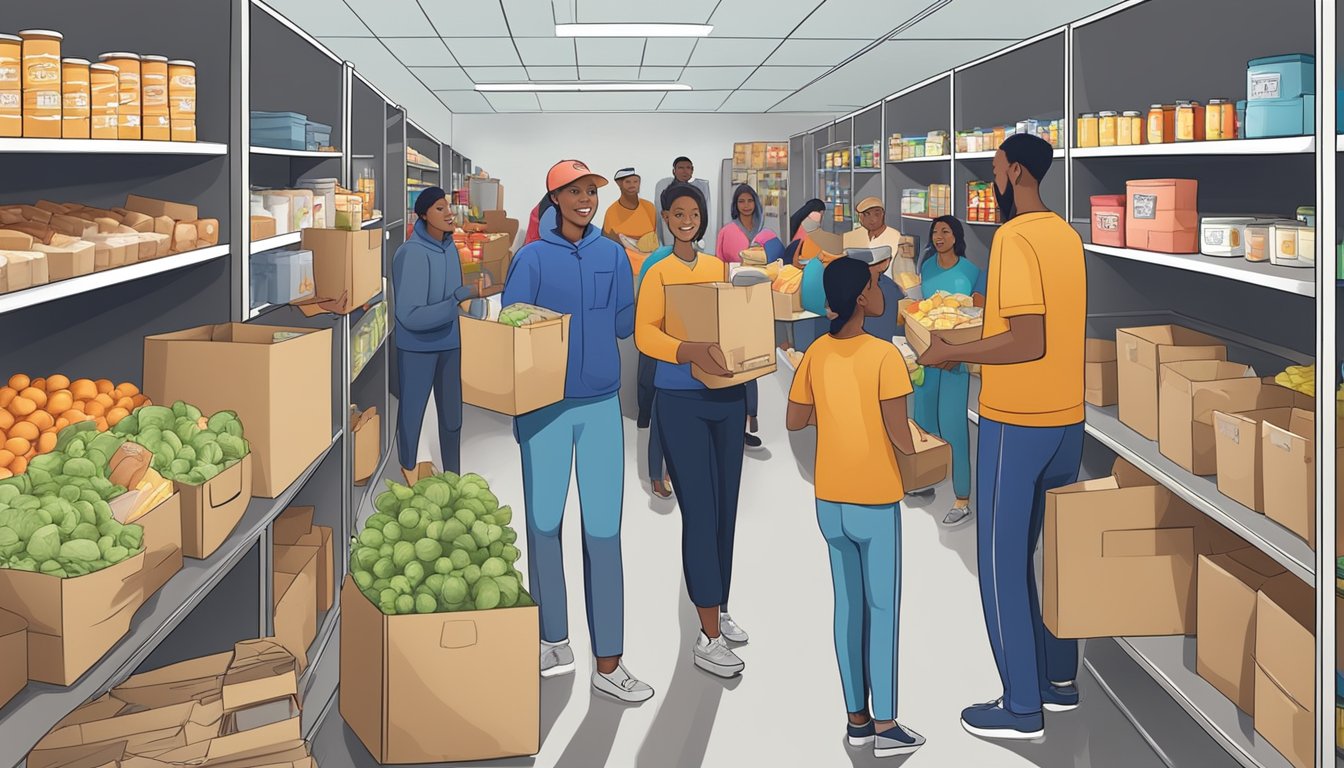 A bustling food pantry with volunteers distributing groceries to those in need