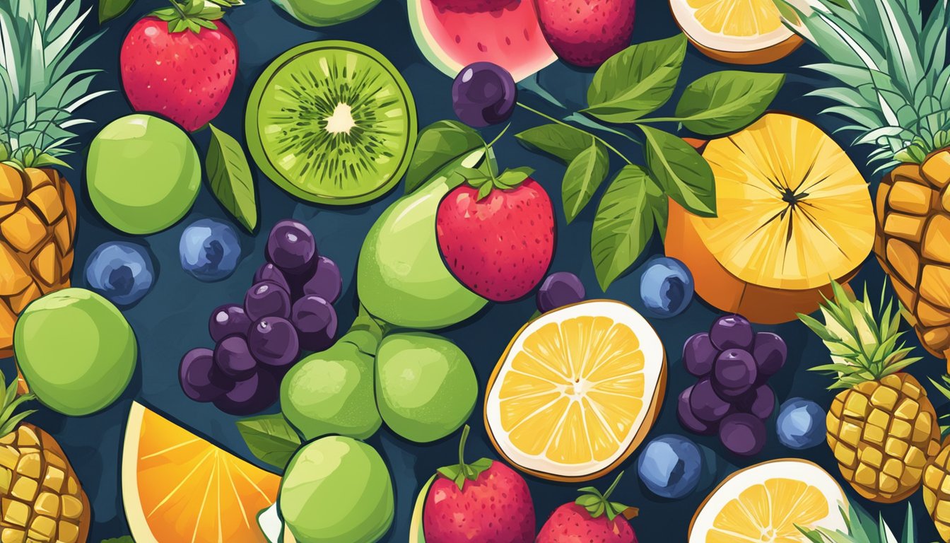 Fresh and frozen fruit sit side by side, ready to be blended into smoothies. The vibrant colors and juicy textures contrast against the cool, smooth surfaces