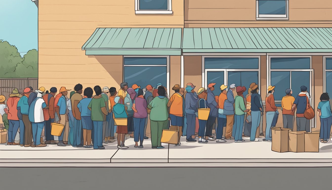 A line of people waits outside a food pantry in Eastland County, Texas. Volunteers distribute free groceries to those in need