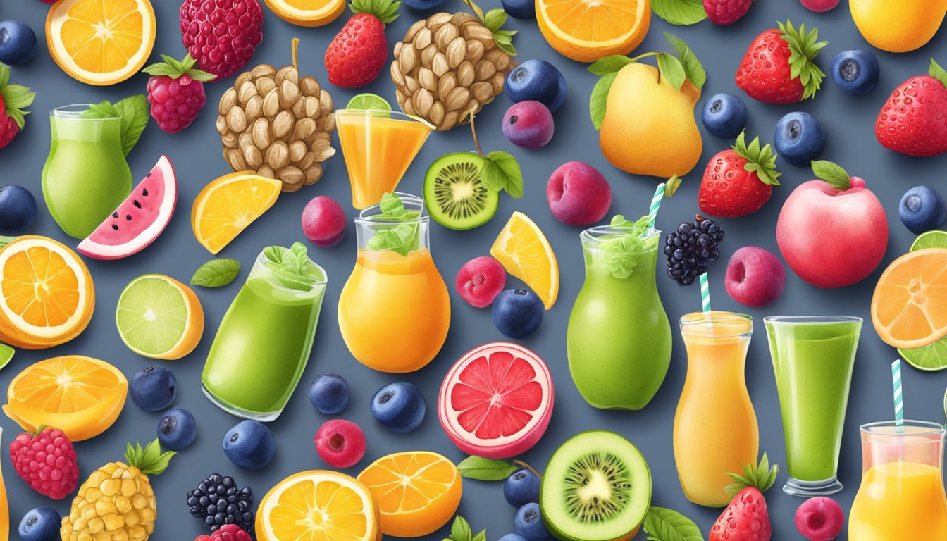 A colorful array of fresh and frozen fruits, surrounded by a variety of blending options, creating the perfect smoothie ingredients and variations