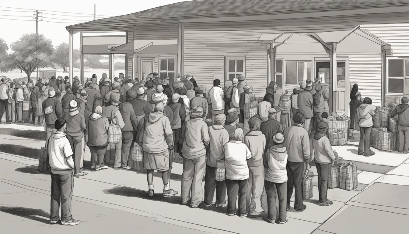 A line of people waiting outside a food pantry in Eastland County, Texas. Volunteers handing out bags of groceries to those in need