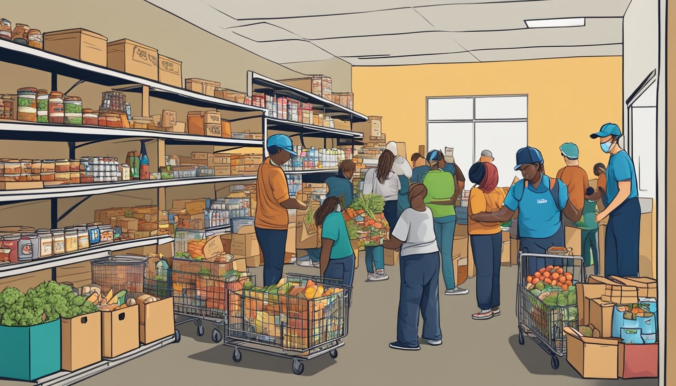 A bustling food pantry in Eastland County, Texas, with volunteers and community members working together to distribute free groceries to those in need