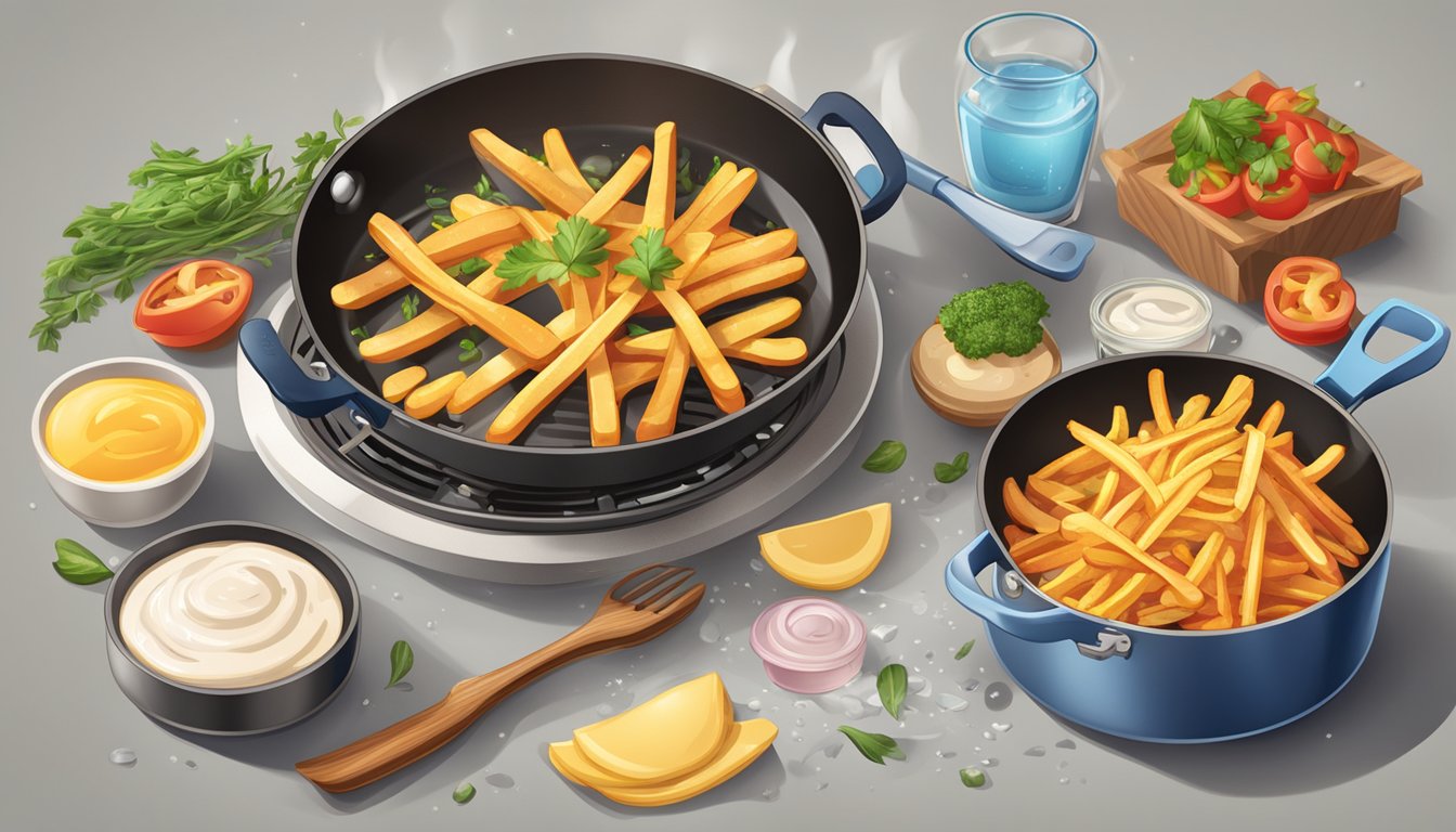 A sizzling pan with fresh and frozen fries cooking side by side, surrounded by various cooking utensils and ingredients