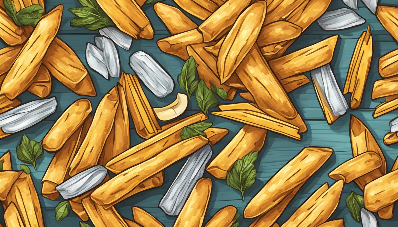 A pile of fresh and frozen fries on a wooden cutting board, contrasting in texture and color