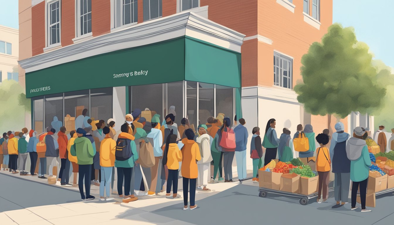 A line of people wait outside a small building, carrying bags and baskets. Volunteers hand out groceries and food items from tables set up in front of the building