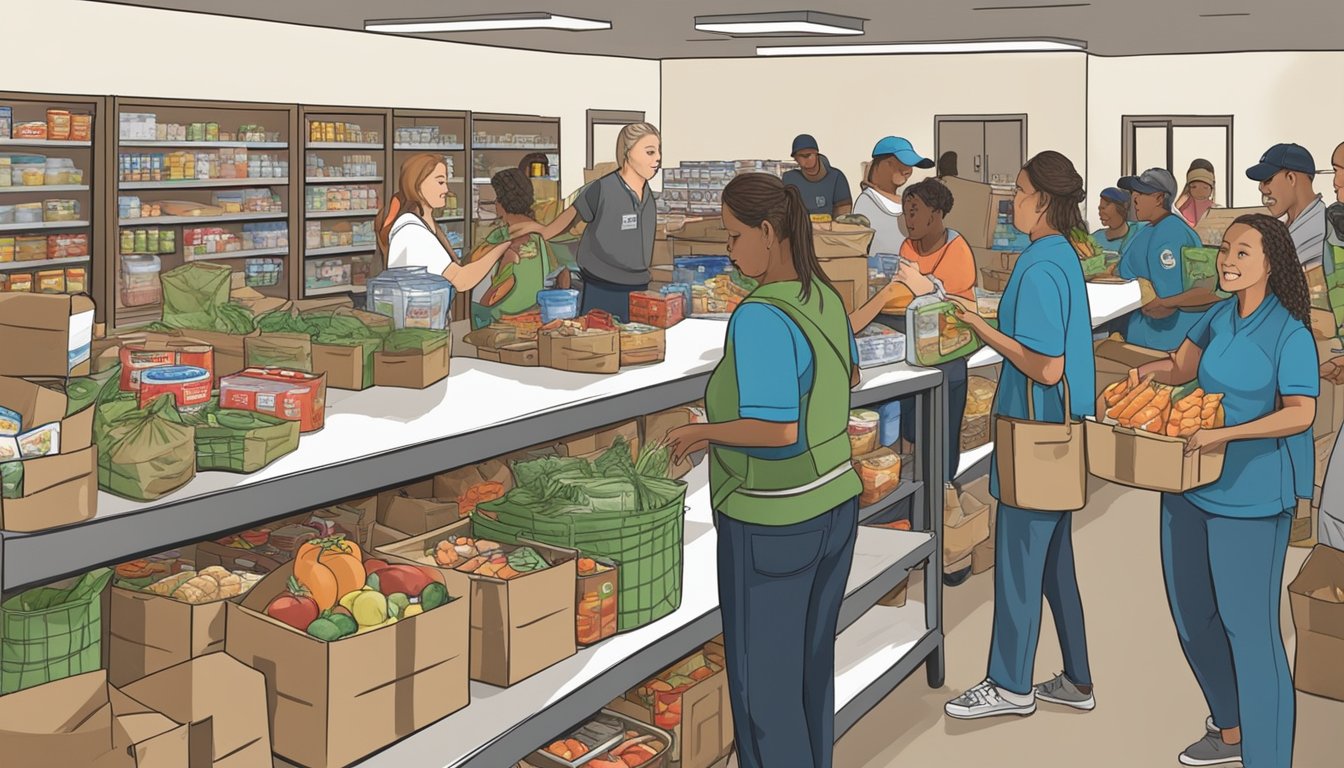 A bustling food pantry in Comanche County, Texas, with volunteers distributing free groceries to those in need