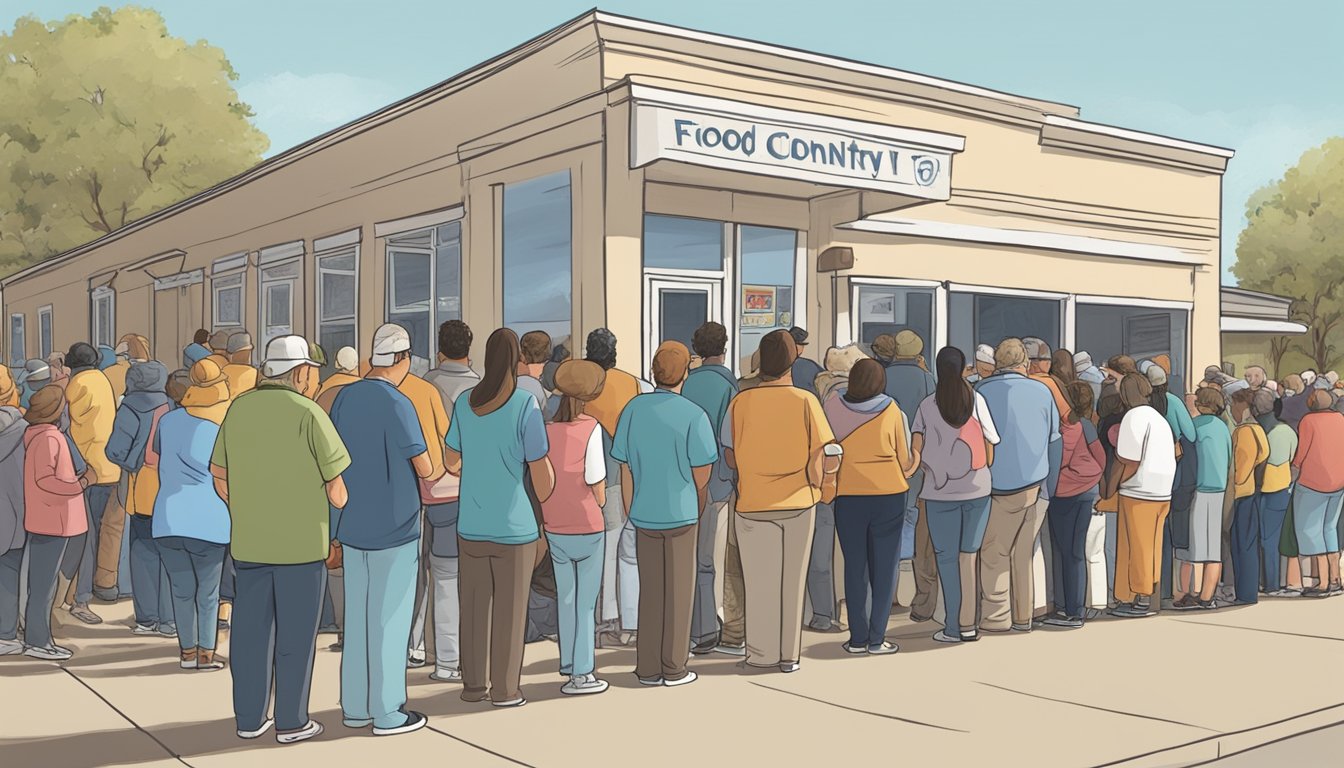 A line of people waits outside a food pantry in Edwards County, Texas, as volunteers distribute free groceries to those in need