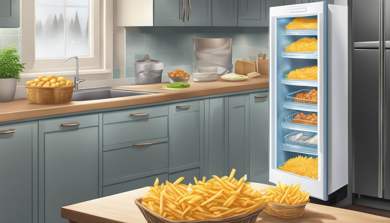 A freezer door open, revealing bags of frozen fries. Beside it, a basket of fresh potatoes sits on a kitchen counter