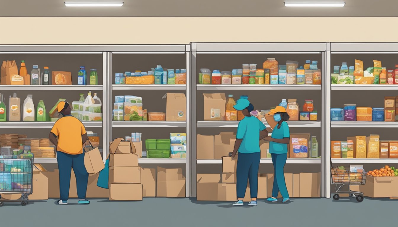 A bustling food pantry in Eastland County, Texas, with volunteers distributing free groceries to those in need