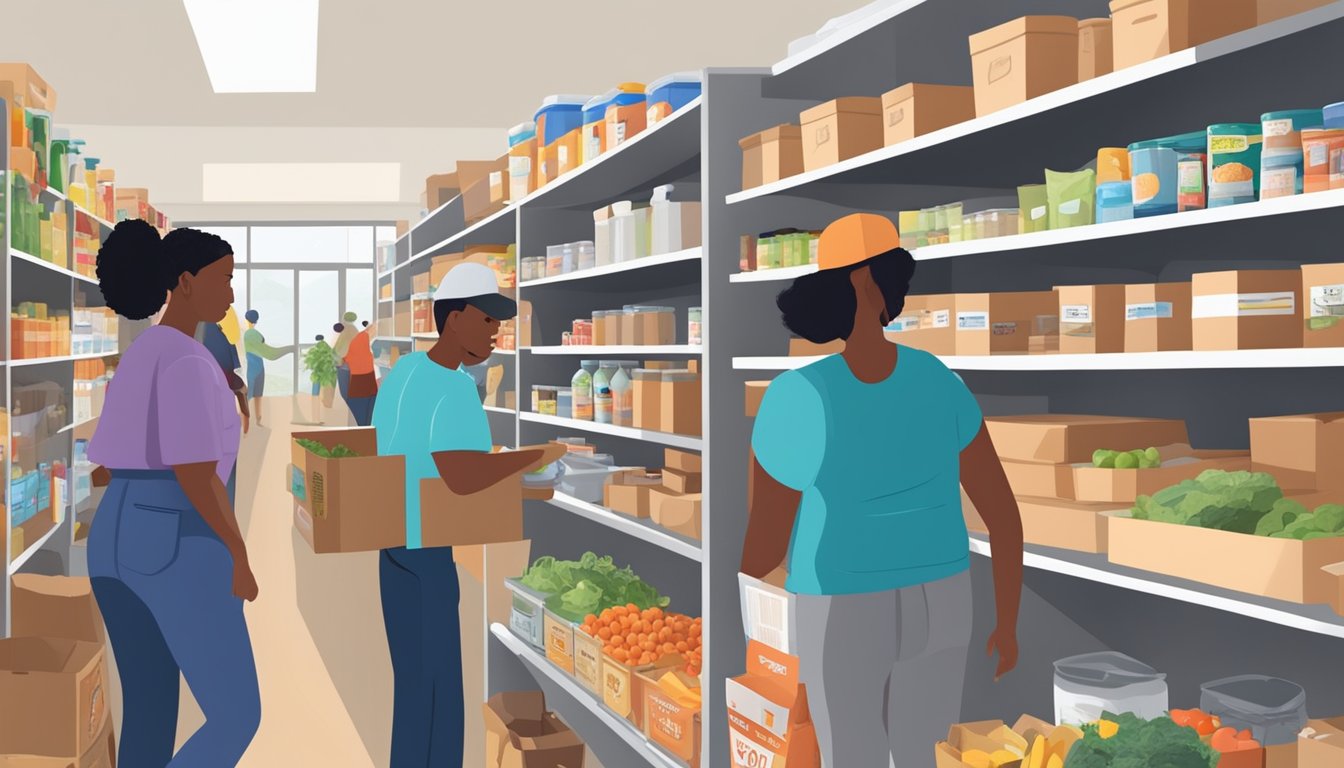 A bustling food pantry in Edwards County, Texas, with shelves stocked full of free groceries and volunteers assisting those in need