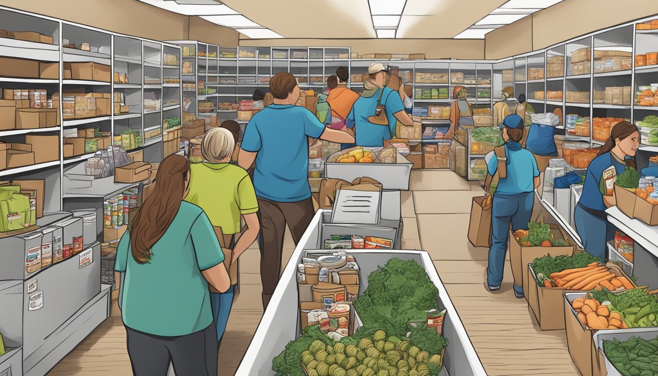 A bustling food pantry in Comanche County, Texas, with volunteers distributing free groceries to those in need