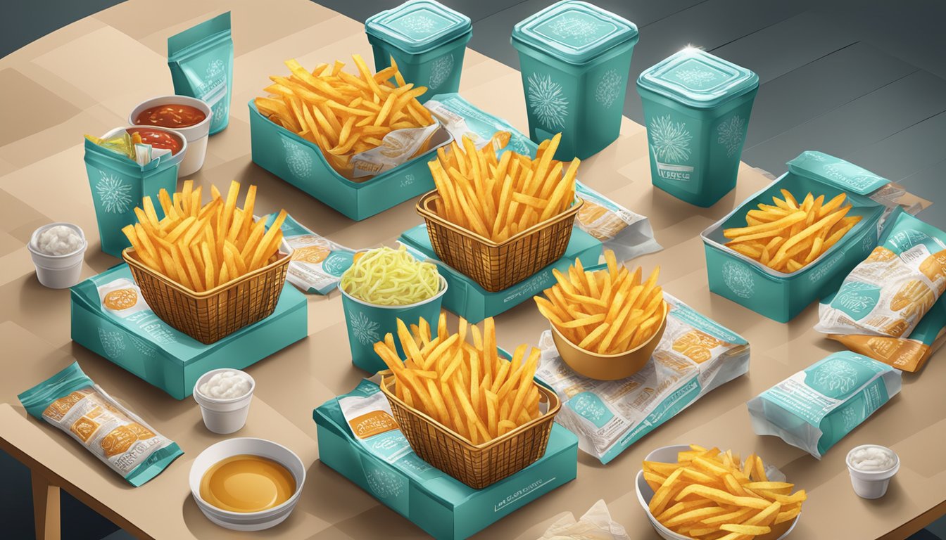 A table with a variety of frozen and fresh fries arranged in baskets, surrounded by packaging and branding materials