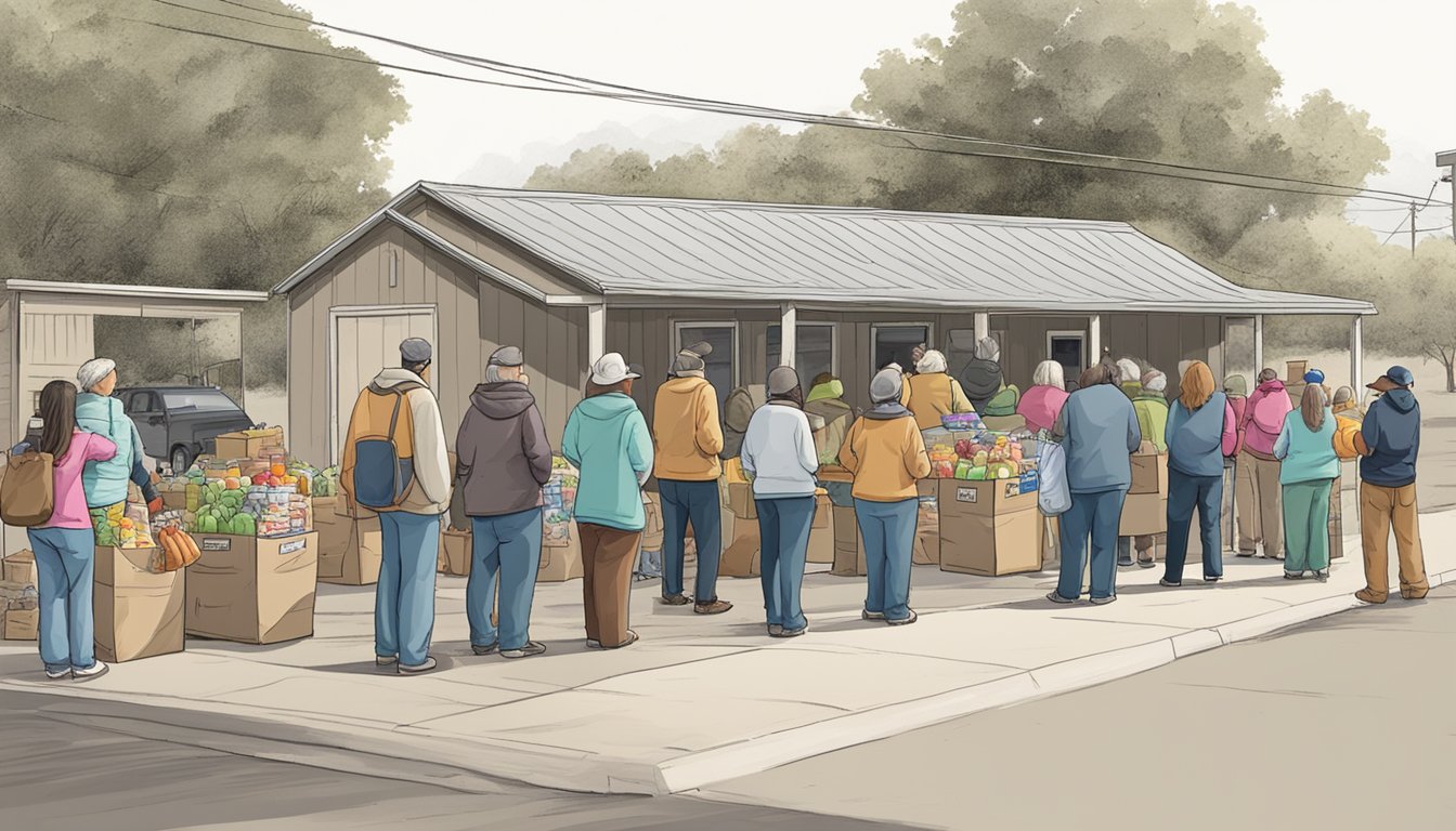 A line of people waits outside a small food pantry in Edwards County, Texas. Volunteers distribute groceries and canned goods to those in need