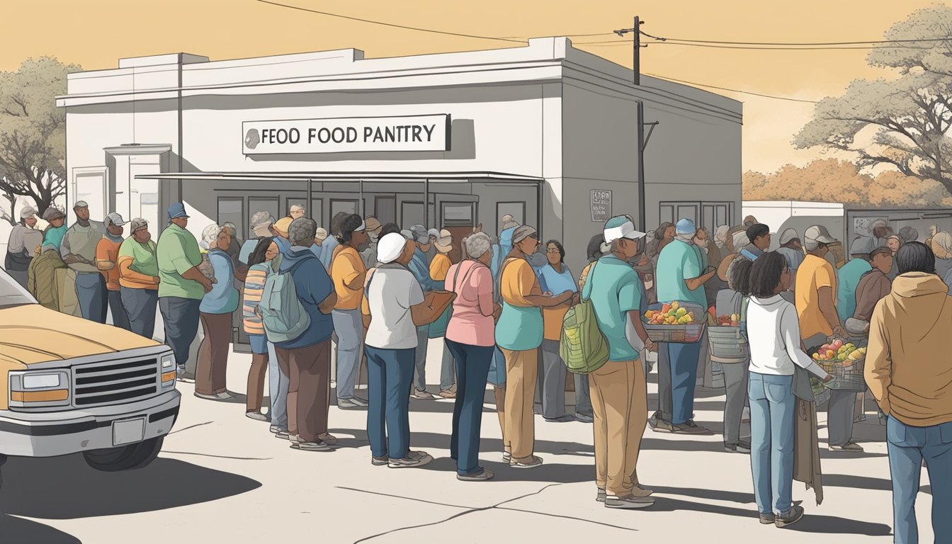 A line of people waiting outside a food pantry in Comanche County, Texas, with volunteers distributing free groceries to those in need