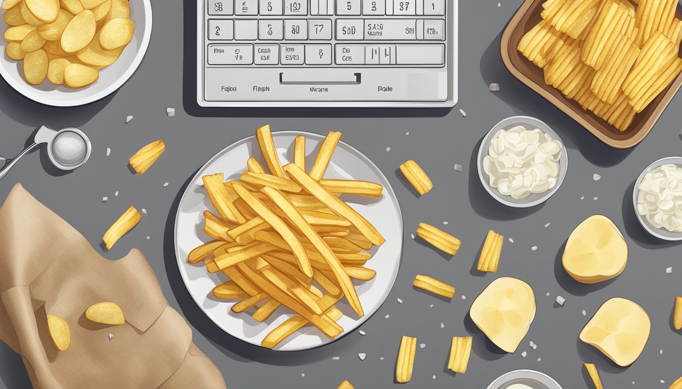 A table with a plate of frozen fries on one side and a plate of fresh potatoes on the other, surrounded by scattered spuds and a calculator