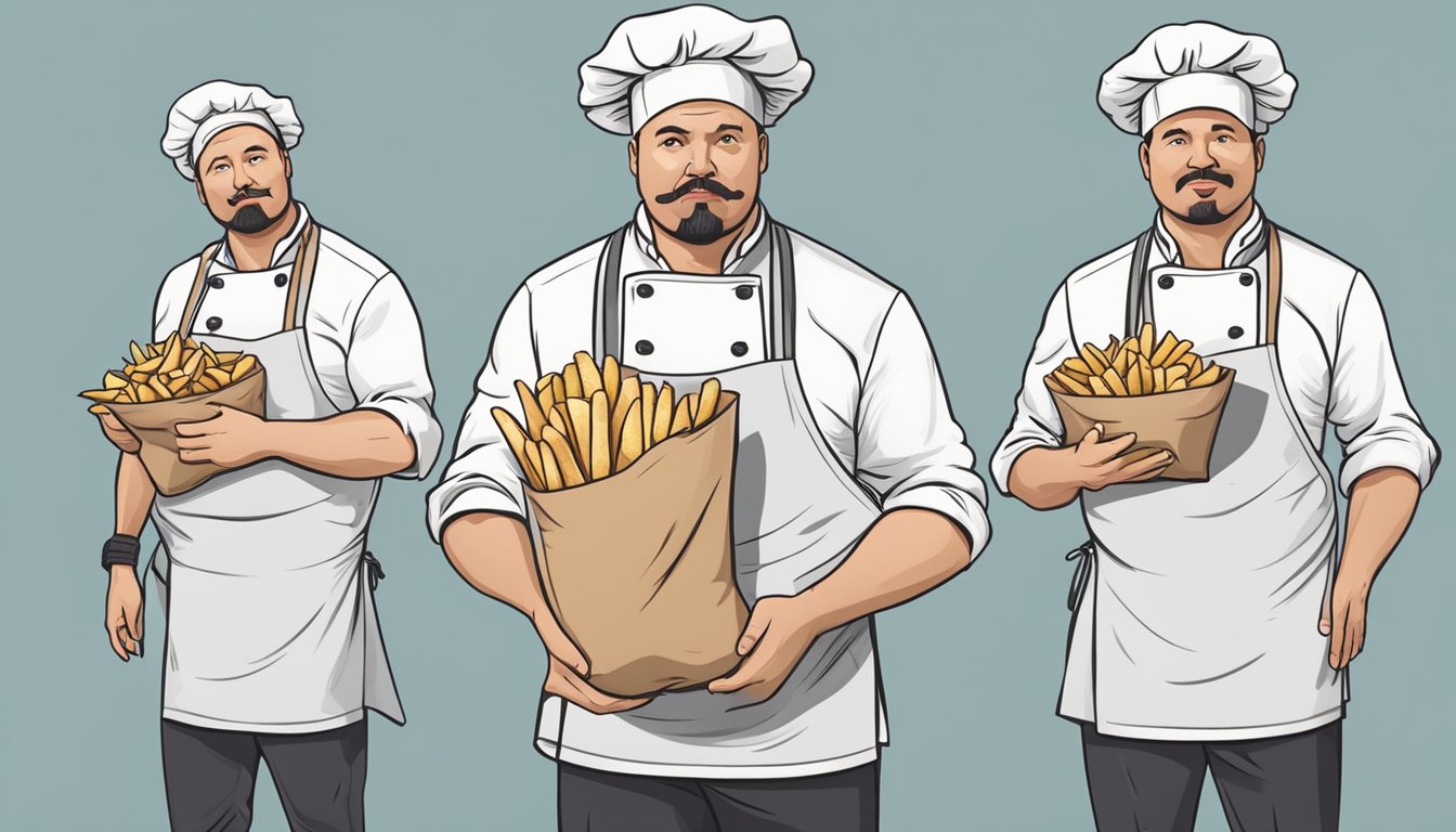 A chef holding a bag of fresh potatoes in one hand and a bag of frozen fries in the other, with a thoughtful expression on their face