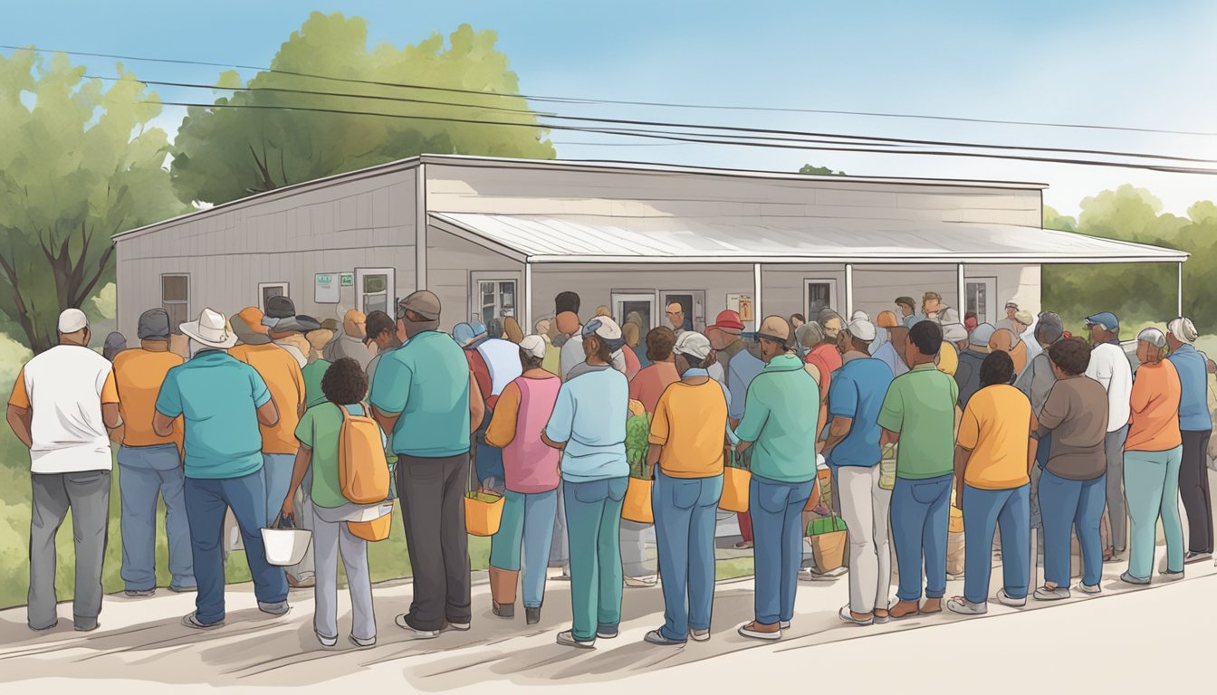 A line of people waiting outside a food pantry in Edwards County, Texas, with volunteers handing out free groceries and aid