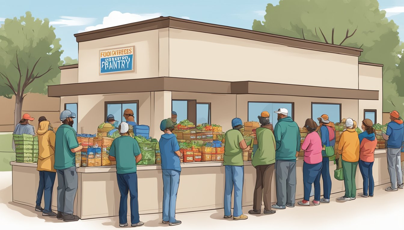 A line of people wait outside a food pantry in El Paso County, Texas, as volunteers distribute free groceries to those in need