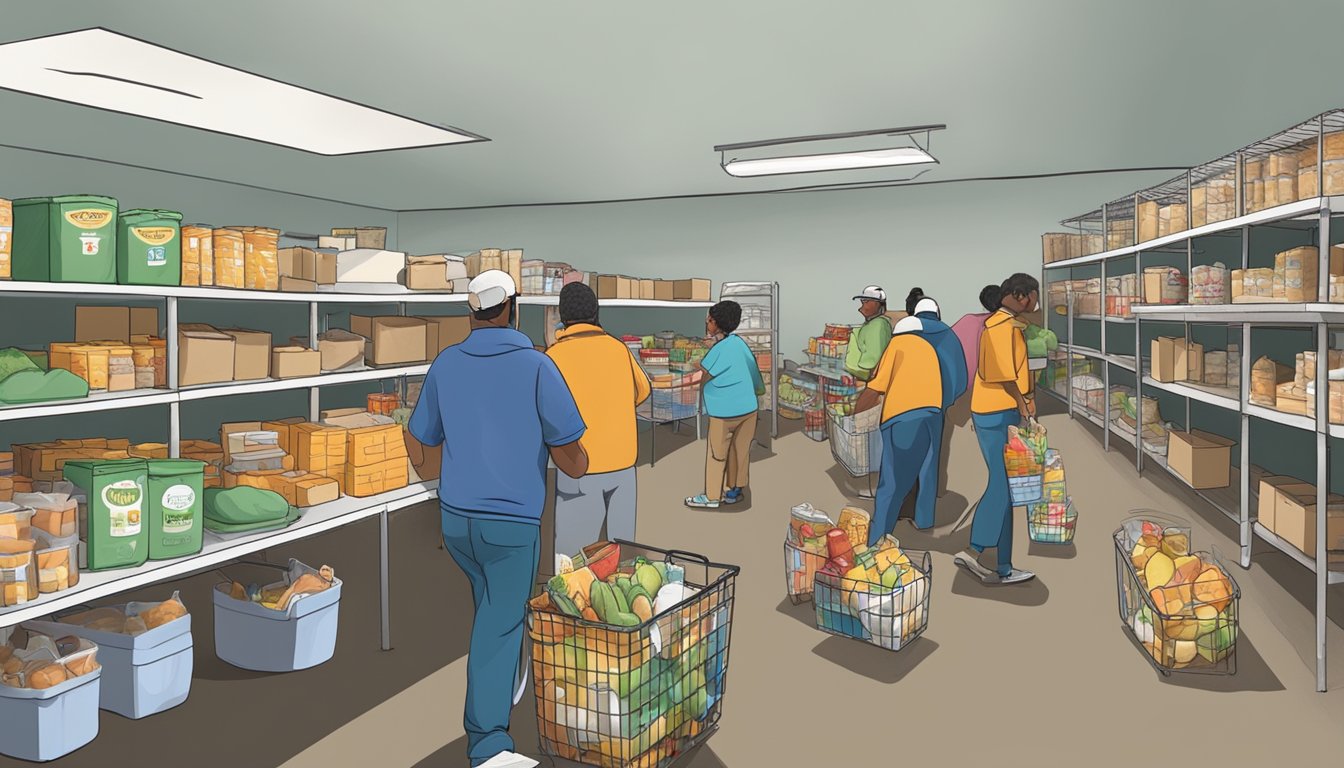 A bustling food pantry in Comanche County, Texas, with volunteers distributing free groceries to those in need