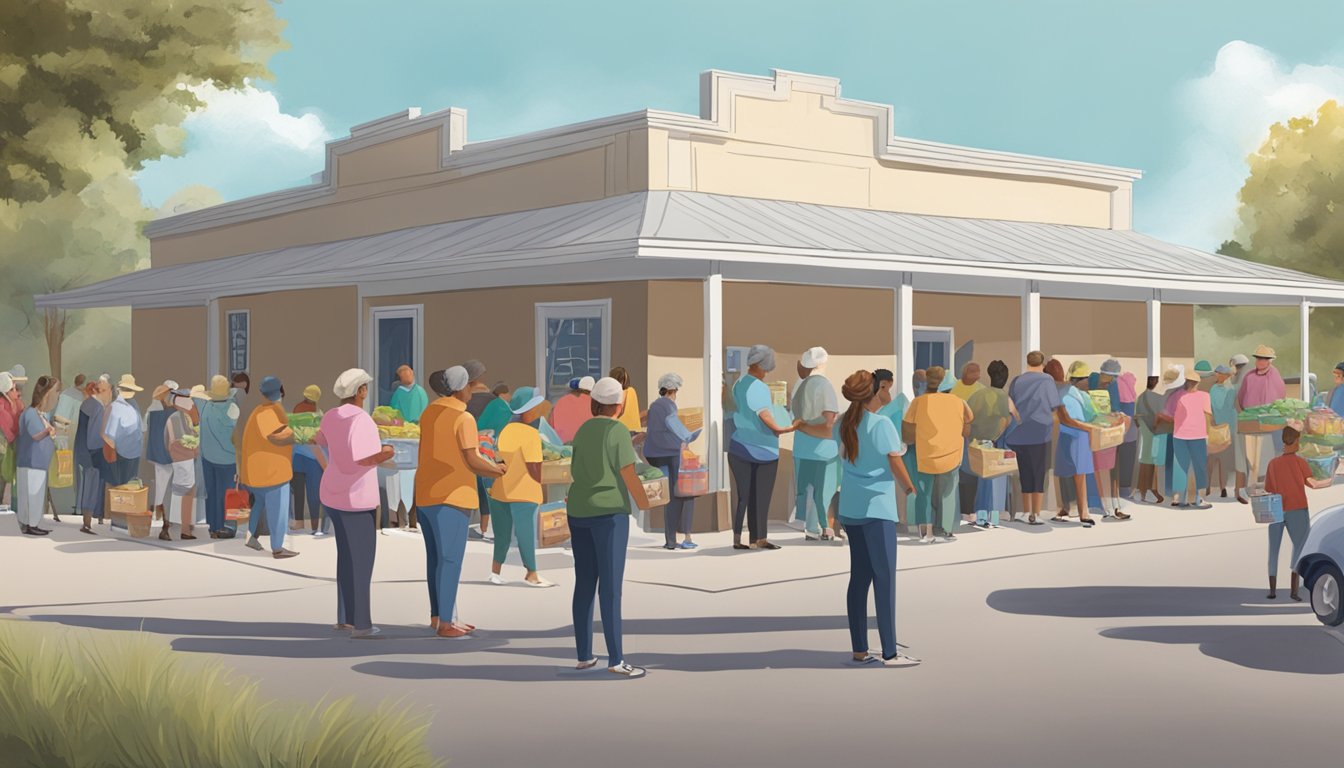 A line of people waiting outside a food pantry in Edwards County, Texas, with volunteers handing out free groceries