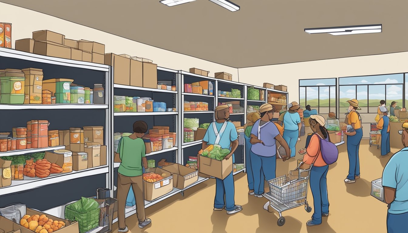 A bustling food pantry in Comanche County, Texas, where volunteers distribute free groceries to those in need