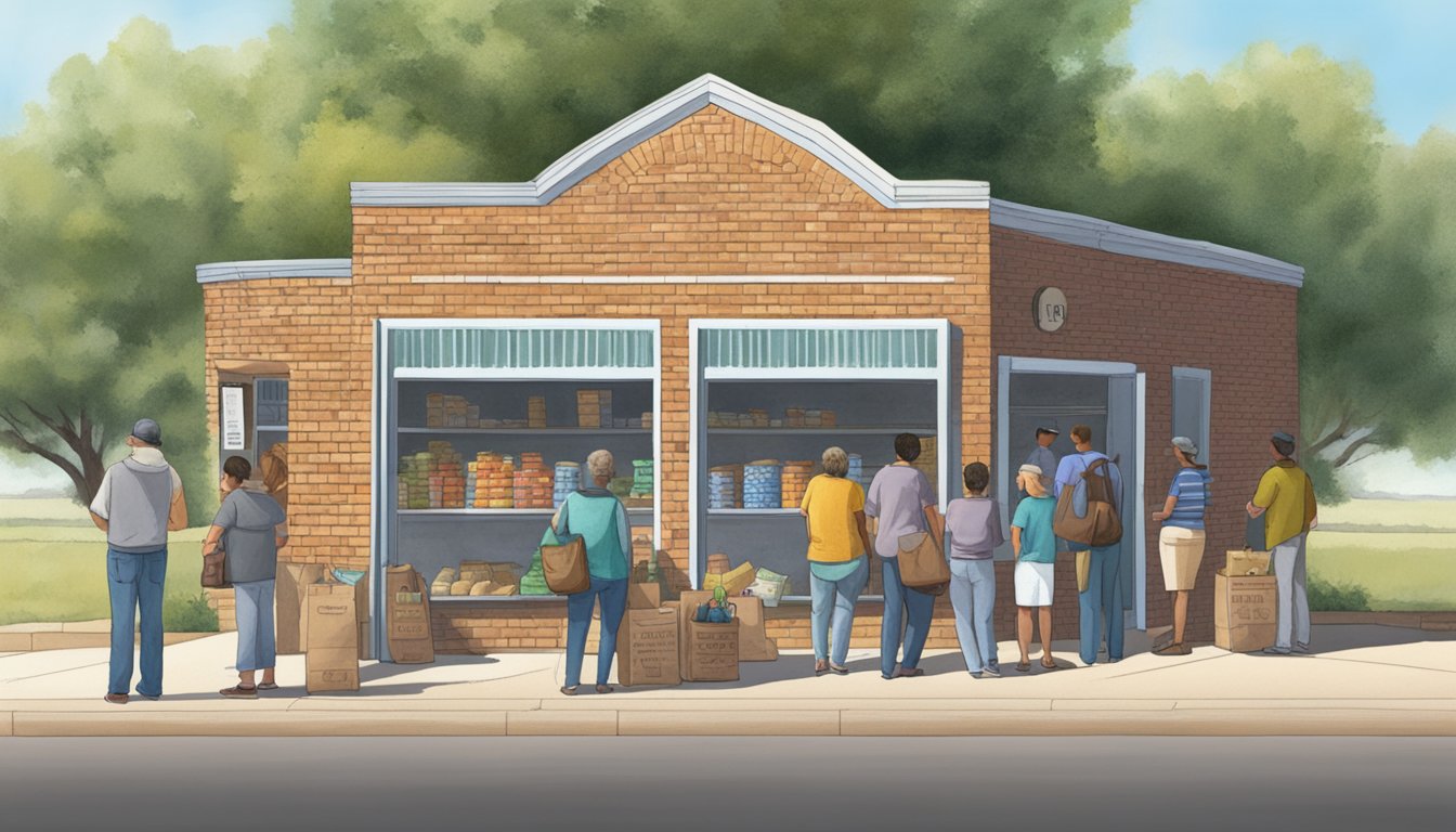 A line of people waiting outside a small brick building, with signs indicating "Free Groceries" and "Food Pantry" in Edwards County, Texas