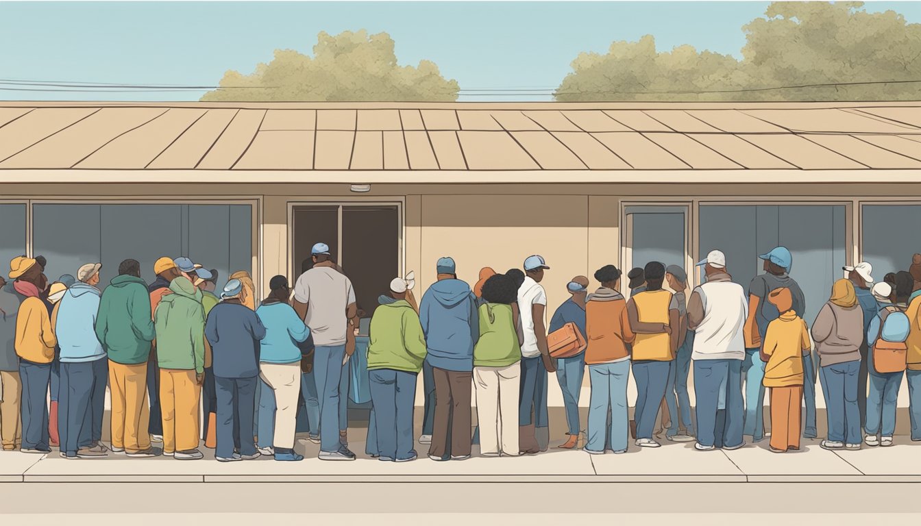 A line of people wait outside a community center, where volunteers distribute free groceries and food to those in need in Comanche County, Texas