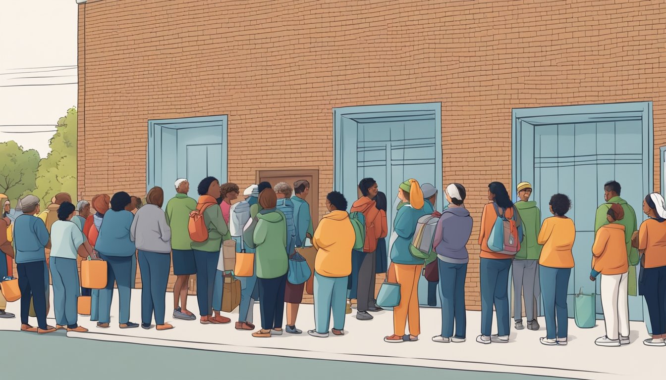 A line of people waiting outside a food pantry, with volunteers handing out groceries and supplies