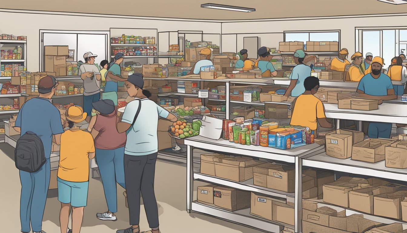 A bustling food pantry in Edwards County, Texas, with volunteers distributing free groceries to those in need