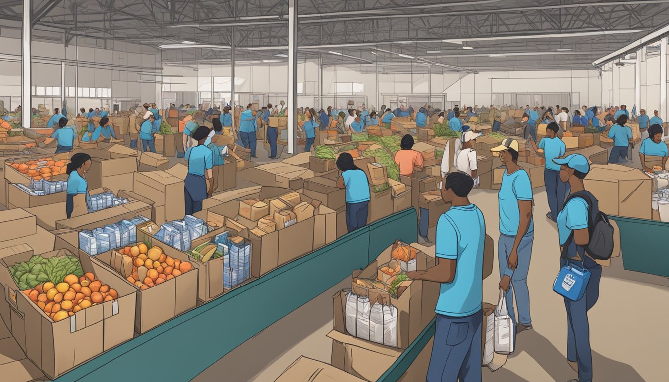 A bustling food distribution center in Edwards County, Texas, with volunteers handing out free groceries to those in need