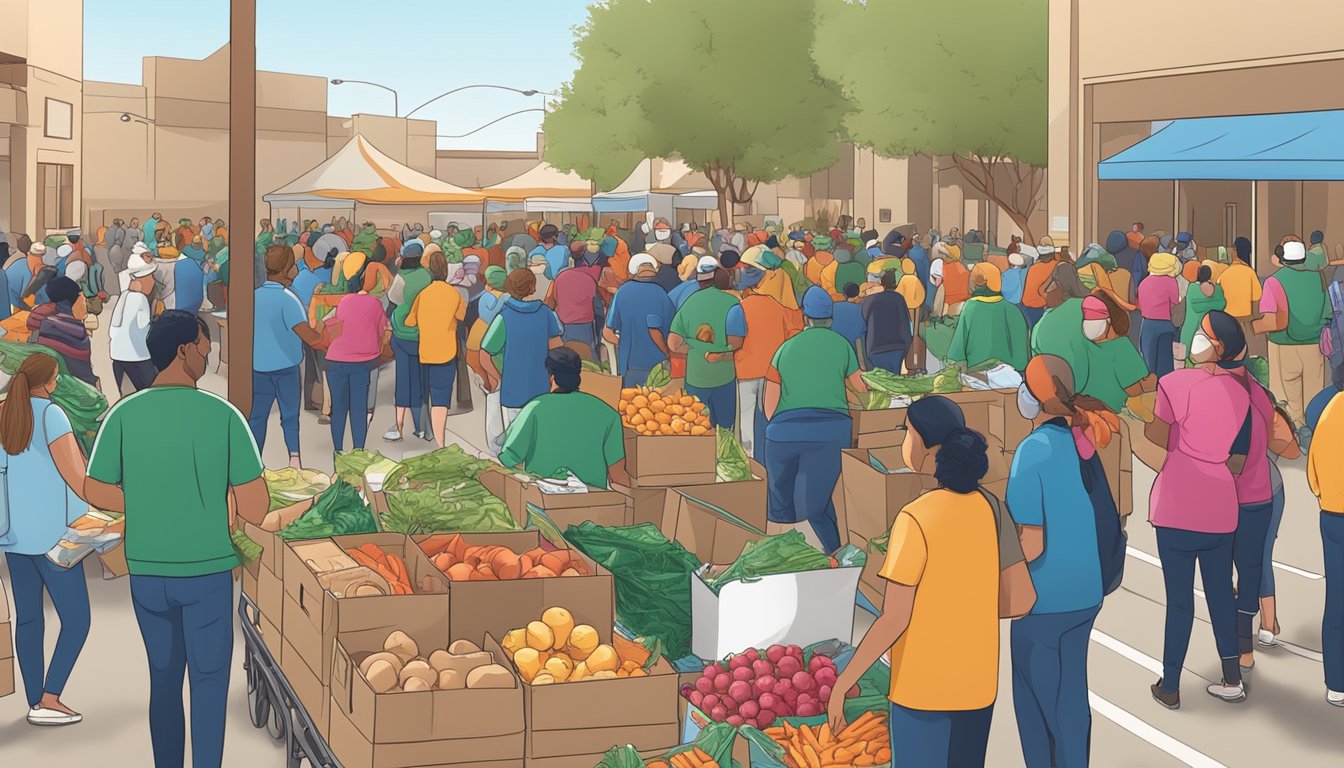 A bustling food distribution event in El Paso County, Texas, with volunteers handing out free groceries to those in need