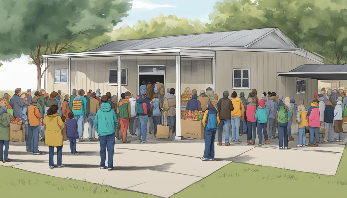 A line of people waiting outside a food pantry in Coryell County, Texas, with volunteers distributing free groceries to those in need