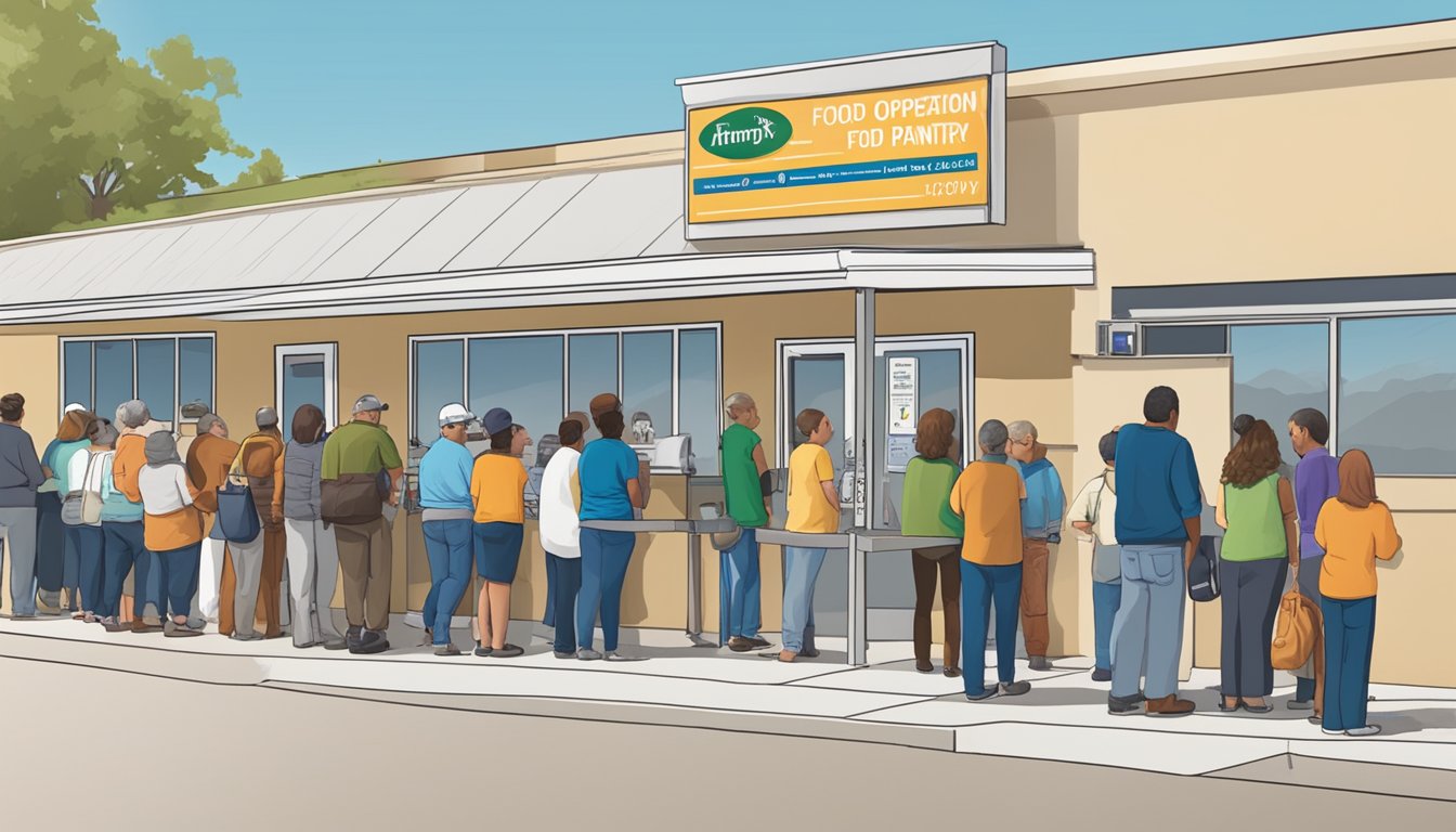 A line of people waiting outside a food pantry in El Paso County, Texas, with a sign displaying the hours of operation and contact information