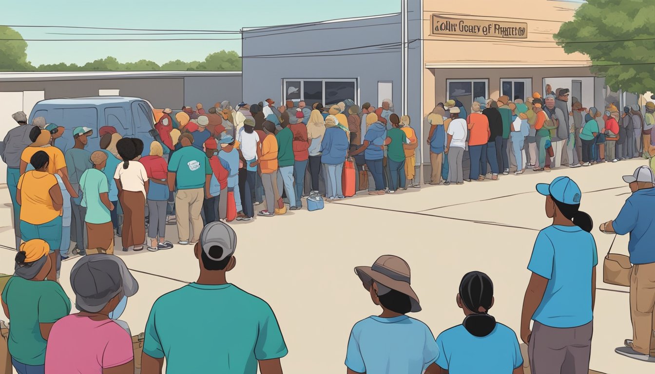 A line of people wait outside a food pantry in Coryell County, Texas, as volunteers distribute free groceries and meals to those in need