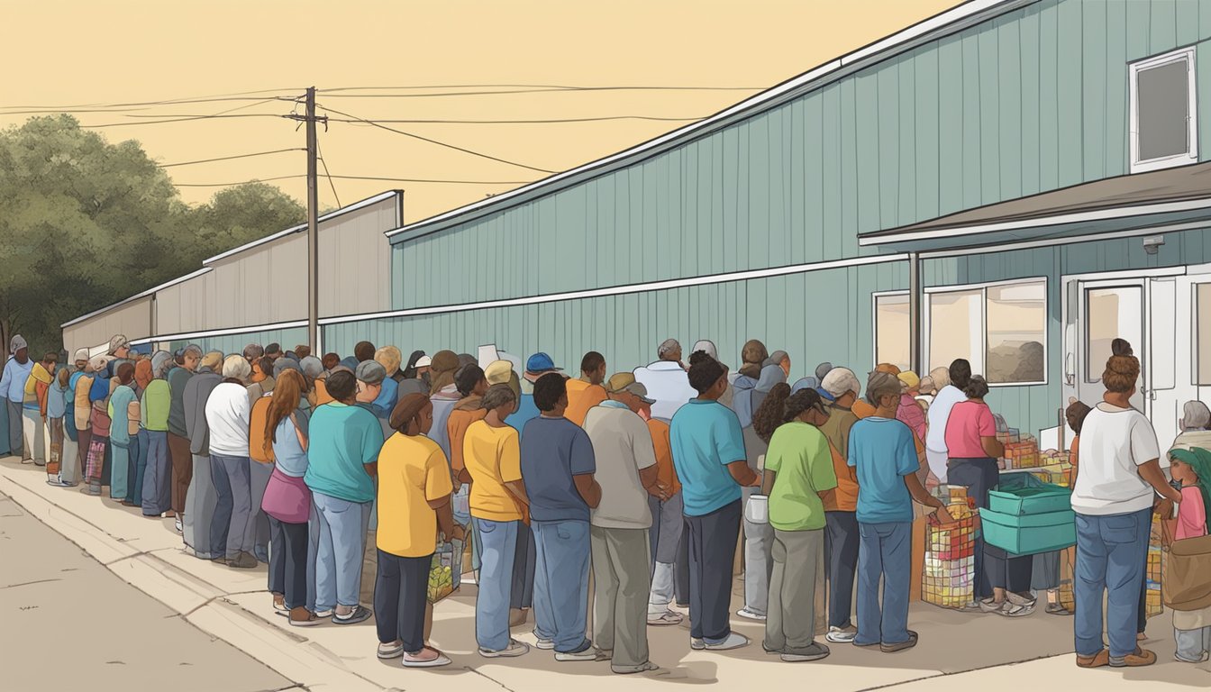 A line of people waiting outside a food pantry in Erath County, Texas, with volunteers handing out free groceries and supplies to those in need