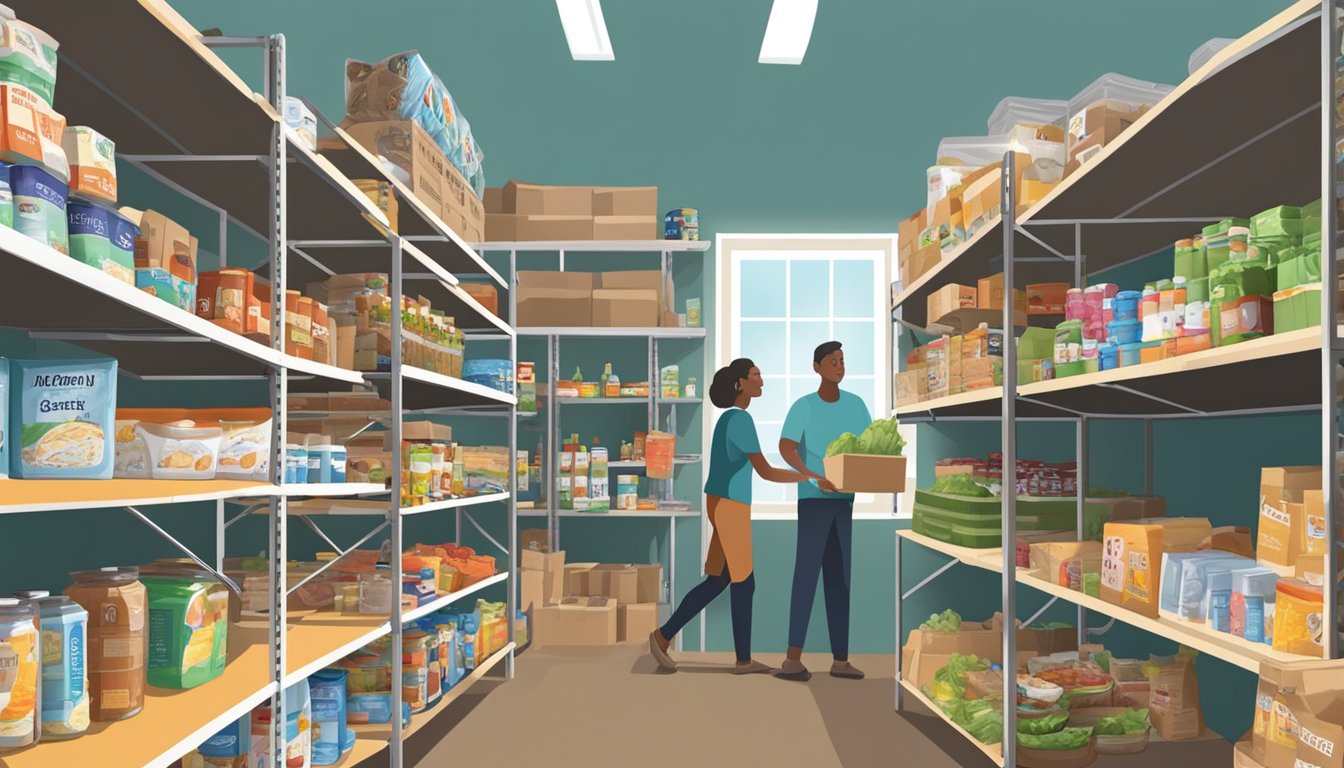 A bustling food pantry in Erath County, Texas, with shelves stocked full of free groceries and volunteers assisting those in need