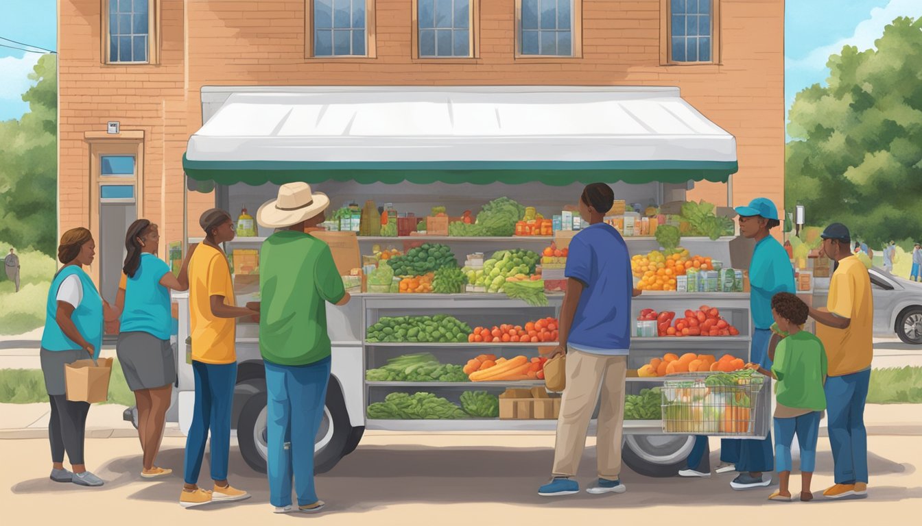 A bustling mobile pantry in Coryell County, Texas, with people receiving free groceries and fresh produce