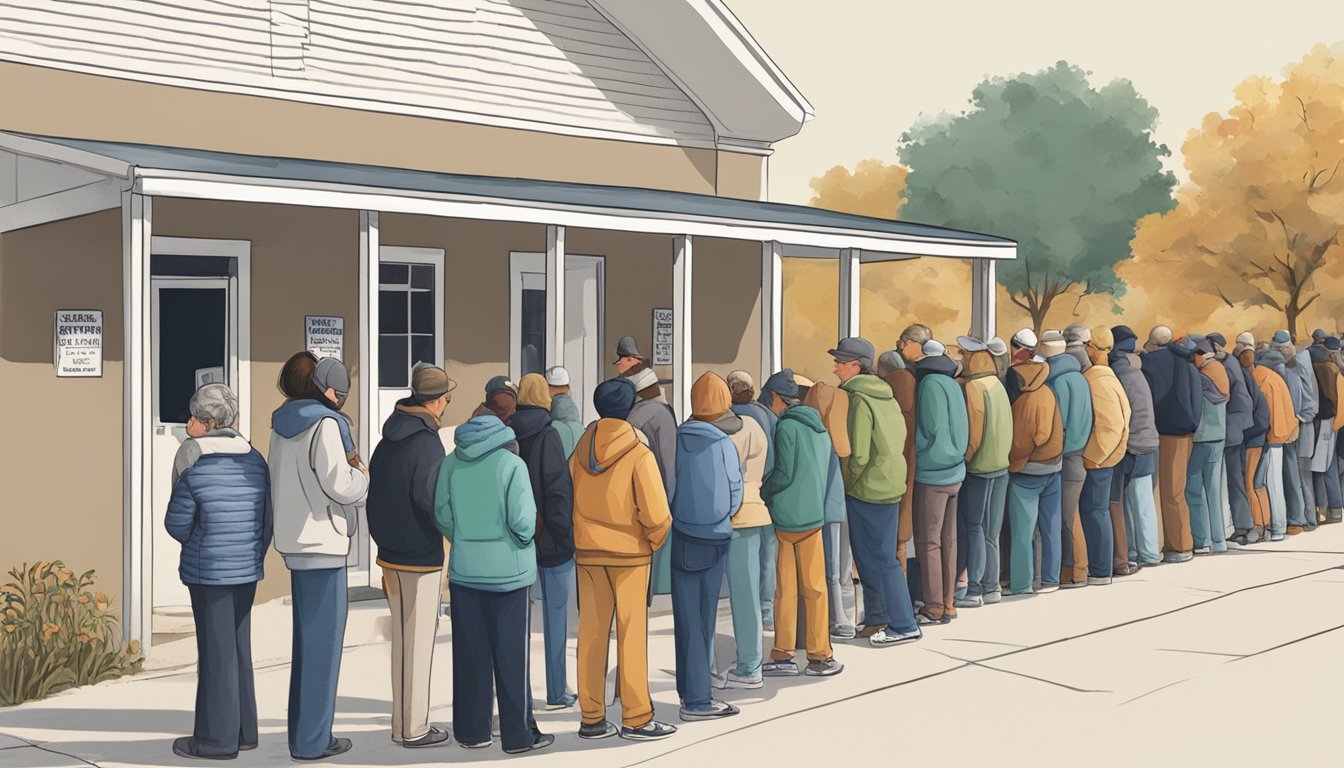 A line of people waiting outside a food pantry in Erath County, Texas. Volunteers handing out free groceries to those in need