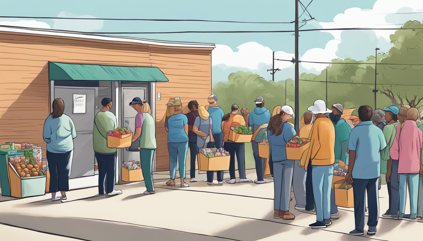 A line of people waits outside a small food pantry in Falls County, Texas. Volunteers hand out free groceries to those in need