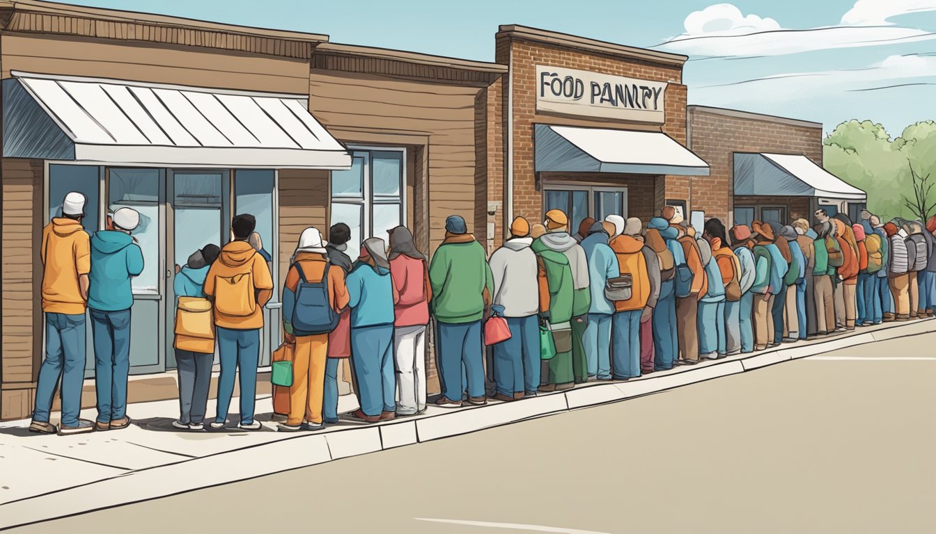 A line of people wait outside a food pantry in Coryell County, Texas. Volunteers distribute free groceries to those in need