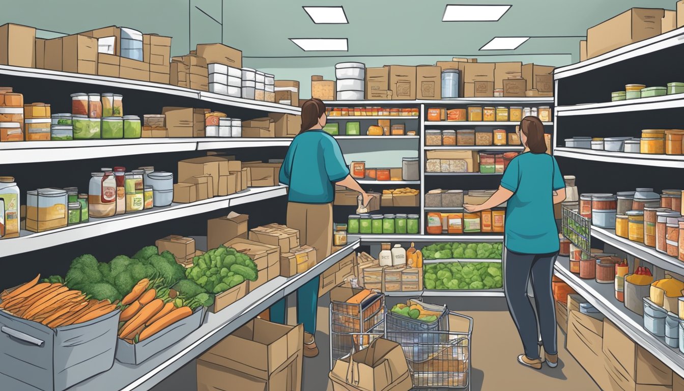 A bustling food pantry in Erath County, Texas, with shelves stocked full of nutritious groceries and volunteers assisting those in need