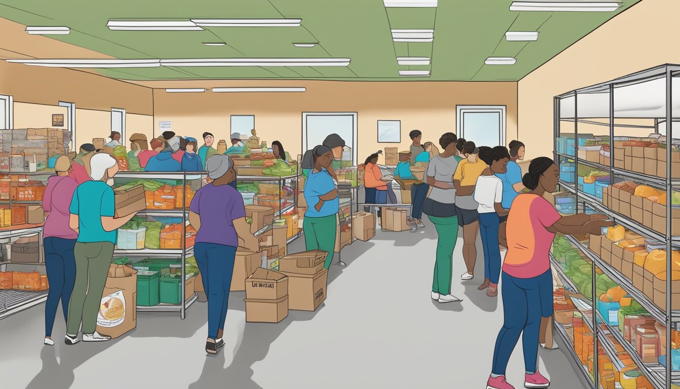 A bustling food pantry in Falls County, Texas, with volunteers distributing free groceries to those in need