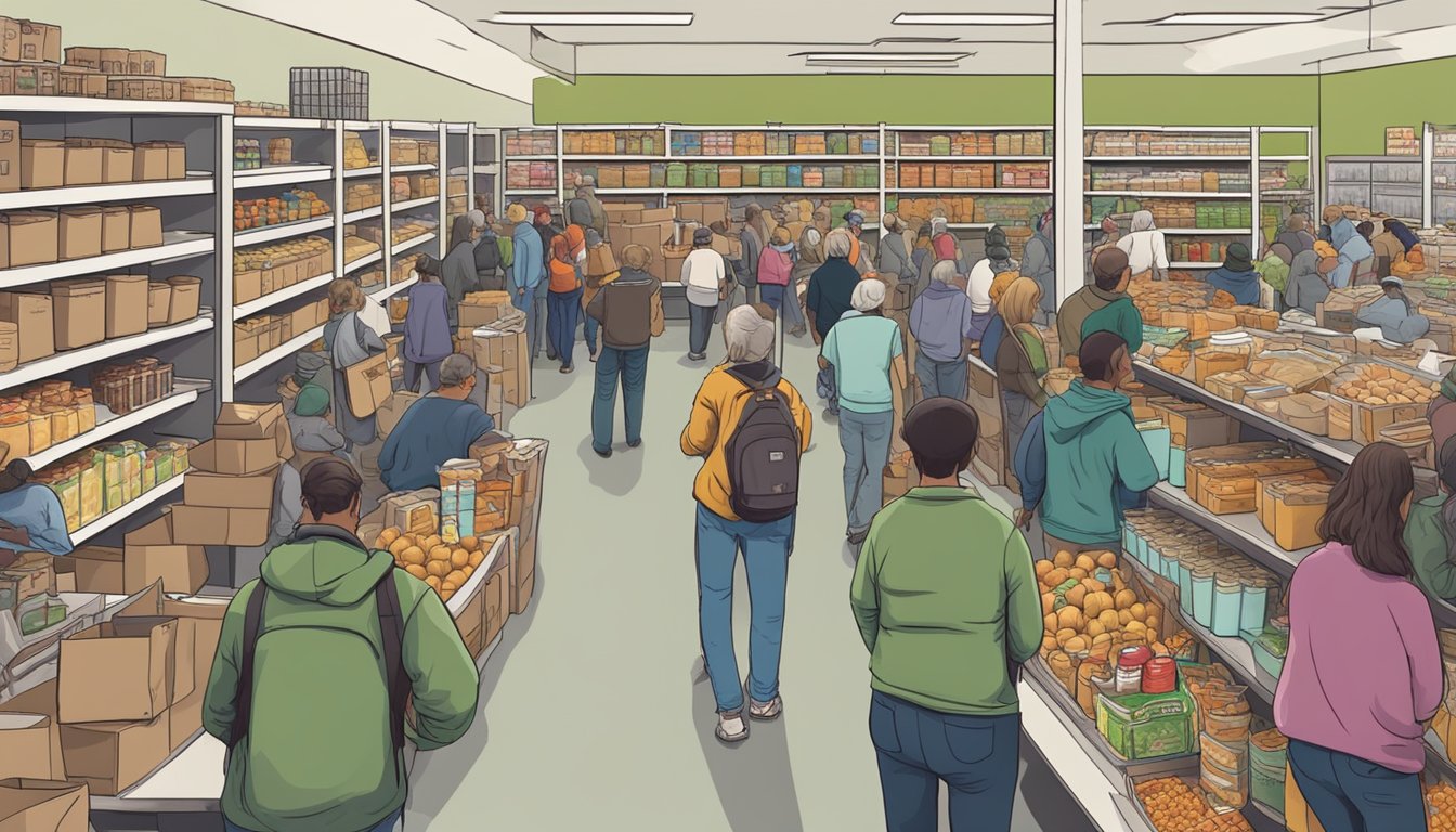 A bustling food bank in Falls County, Texas, with shelves stocked full of free groceries and a line of people in need waiting for assistance